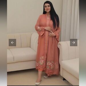 Elegant Peach Embroidered Long Dress 3Pc